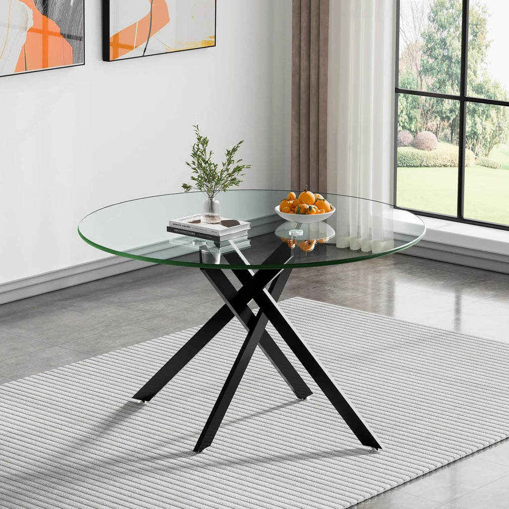 47" Round Glass Dining Table for 4-6, Circle Kitchen Table with Tempered Glass Top & Black Metal Cross Legs, Modern Glass Dinner Table for Kitchen Dining Room Small Apartment