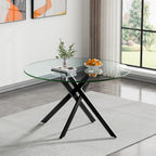 47" Round Glass Dining Table for 4-6, Circle Kitchen Table with Tempered Glass Top & Black Metal Cross Legs, Modern Glass Dinner Table for Kitchen Dining Room Small Apartment