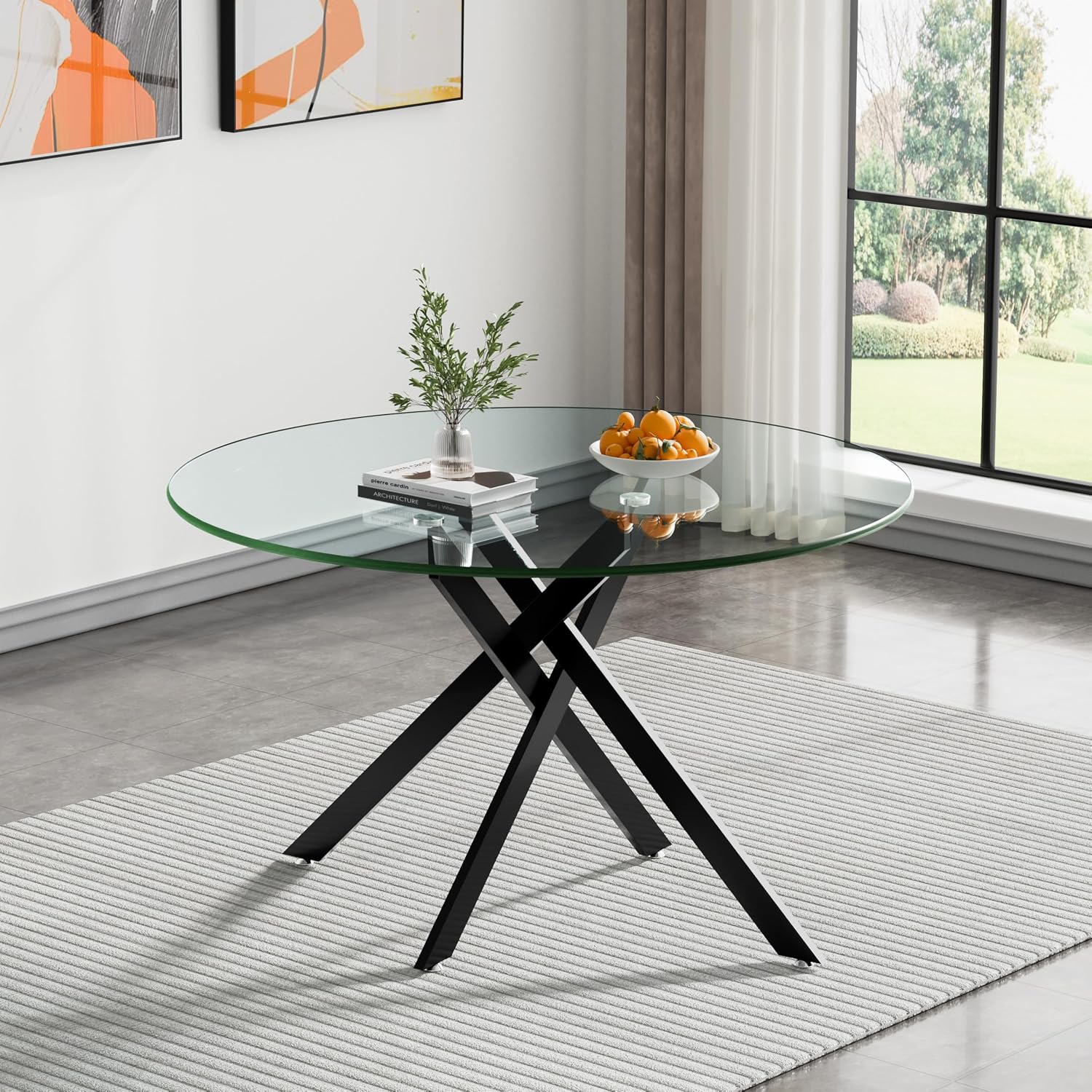 47" Round Glass Dining Table for 4-6, Circle Kitchen Table with Tempered Glass Top & Black Metal Cross Legs, Modern Glass Dinner Table for Kitchen Dining Room Small Apartment