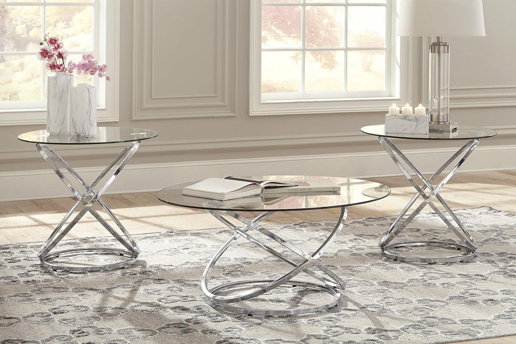 GTU Furniture Contemporary Glass Round 3-Piece Coffee Table Set, Cocktail Table with 2 Matching End Tables, Chrome Finish Finish for Living Room