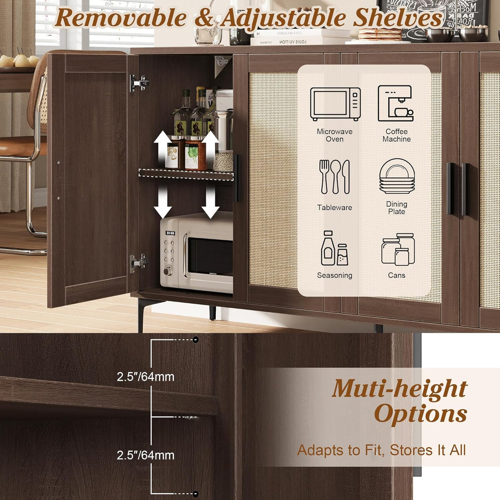 JASIWAY Buffet Cabinet with Storage, 48" Rattan Sideboard with Adjustable Shelves, Modern Coffee Bar Cabinet Console Table with Doors, Credenza for Kitchen, Living Room, Entryway, Dining Room, Walnut