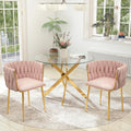Gold Luxury Round Glass Dining Table Set for 2, 3 Pcs Clear Circle Glass Top Dinner Room Set, 36'' Modern Minimalist Circular Kitchen Table Set, Pink Woven Chair, for Small Place Apartment