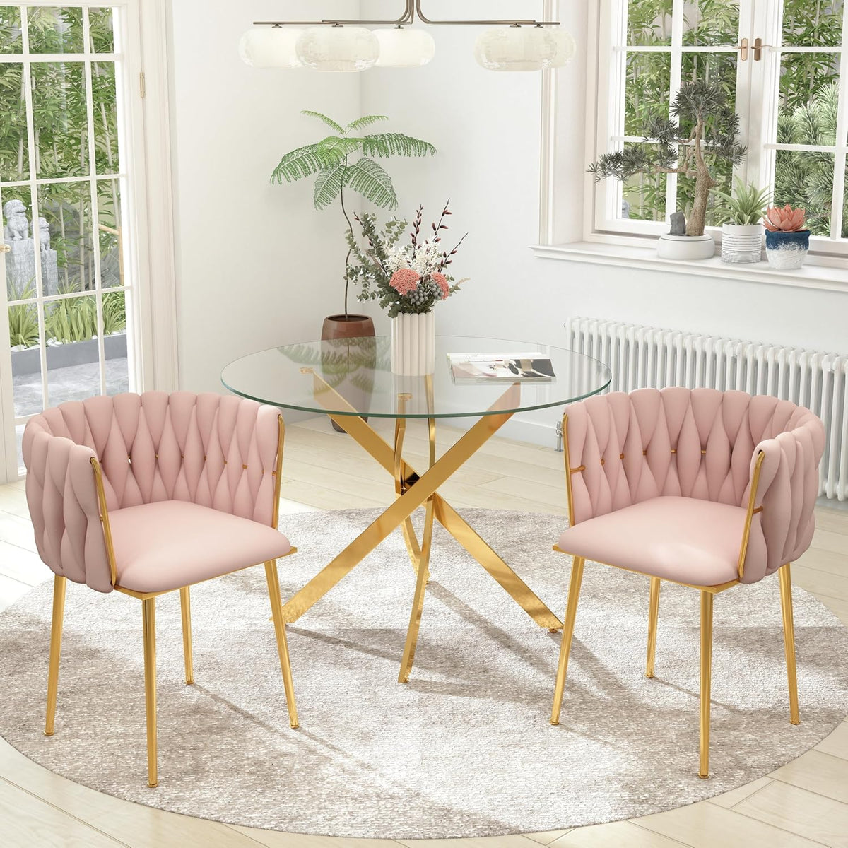 Gold Luxury Round Glass Dining Table Set for 2, 3 Pcs Clear Circle Glass Top Dinner Room Set, 36'' Modern Minimalist Circular Kitchen Table Set, Pink Woven Chair, for Small Place Apartment