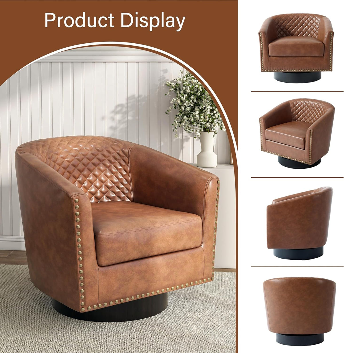 Pia Ricco Swivel Barrel Accent Chairs Set of 2, 360° Swivel Round Single Sofa Chair, Faux Leather Comfy Upholstered Club Armchair with Nailhead Trim for Living Room/Reading Room/Bedroom, Brown