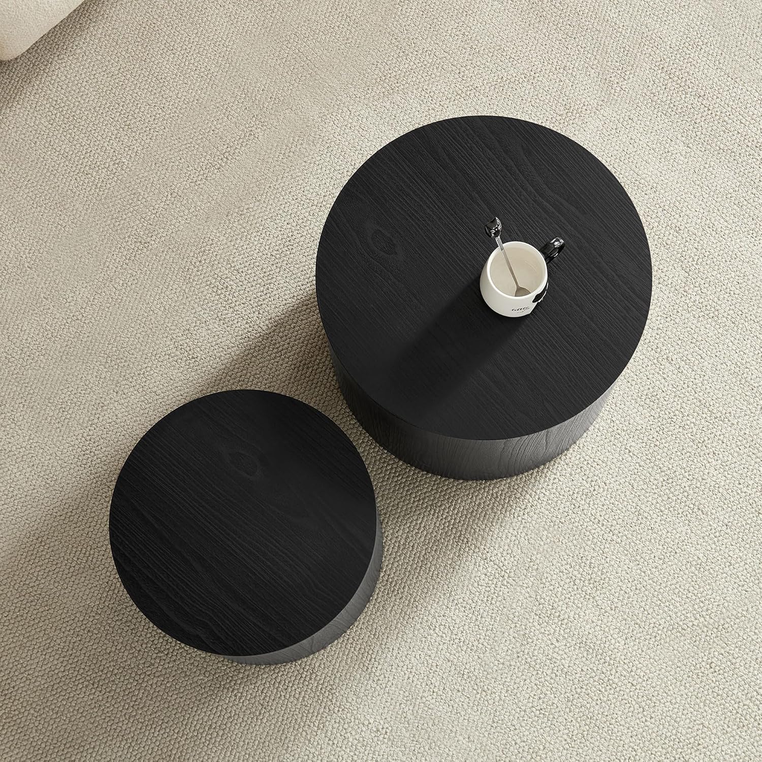 WILLIAMSPACE 18.9" Black Nesting Coffee Table Set of 2, Modern Round Coffee Tables Circle Side Table for Small Space, Accent End Table Set, No Assembling, Matte Black