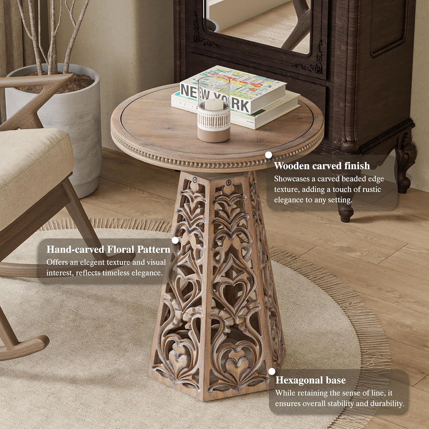 COZAYH Rustic Farmhouse Wooden End Table, Distressed Round Accent Table with Intricate Carved Floral Patterns, Boho, for Living Room, Bedroom, or Entryway, Distressed Wood Color