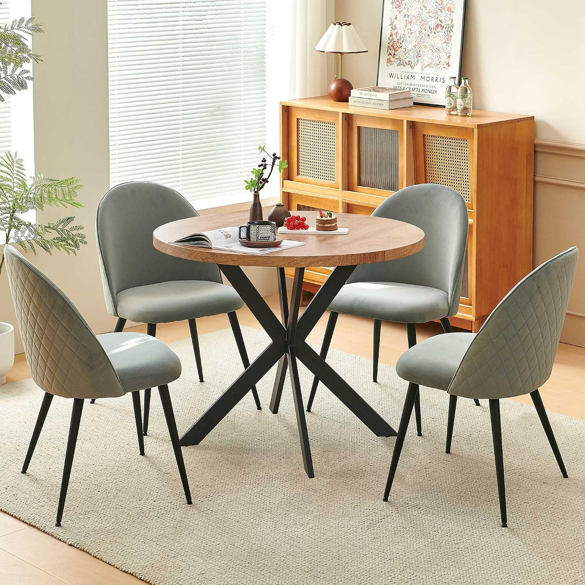 Homedot Dining Table Set for 4, Modern Mid-Century Compact Kitchen Table with Chairs Set, 37-in Round Breakfast Nook Dinner Table Set with Upholstered Dining Side Chairs for Dining Room, Grey