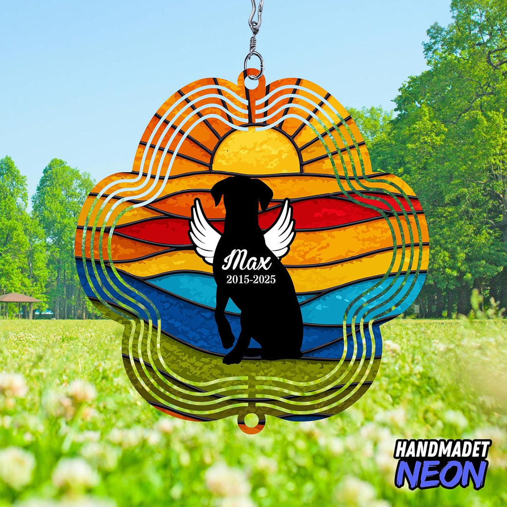 Personalized Dog Memorial Wind Spinner Metal Outdoor Art, Custom Rainbow Angel Wings 3D Kinetic Sculpture, Ornament Hanging Pet Sympathy Gifts for Dogs