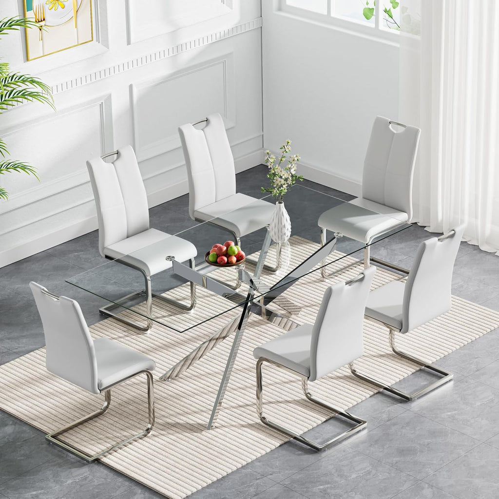 Modern Glass Dining Table Set for 6, 60" Glass Kitchen Table and Chairs Set of 6, Dining Room Table Set for 6 with Pu Leather Chairs, 7 Piece Dining Table Set for Small Space Apartment, White & Silver