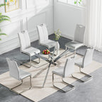 Modern Glass Dining Table Set for 6, 60" Glass Kitchen Table and Chairs Set of 6, Dining Room Table Set for 6 with Pu Leather Chairs, 7 Piece Dining Table Set for Small Space Apartment, White & Silver