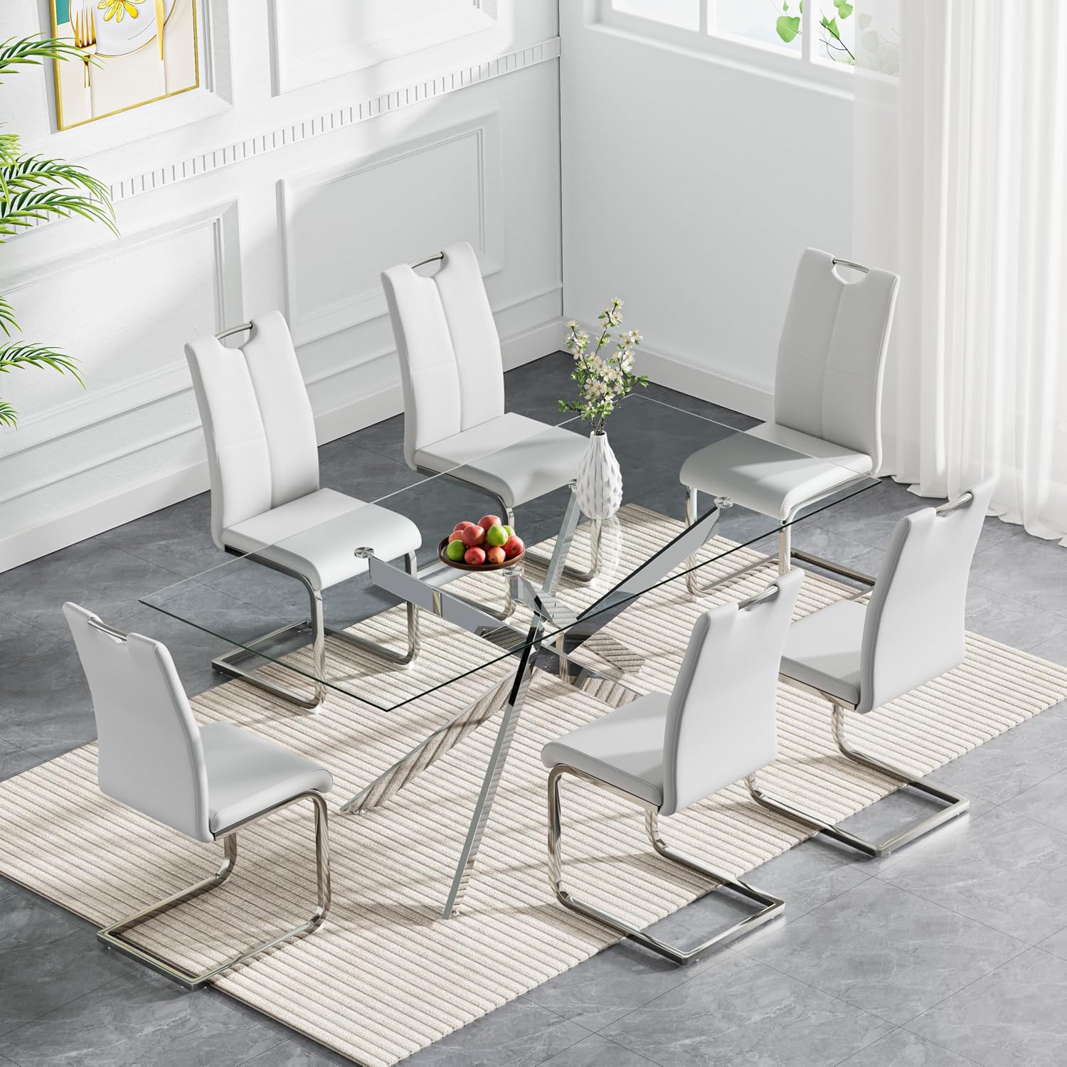 Modern Glass Dining Table Set for 6, 60" Glass Kitchen Table and Chairs Set of 6, Dining Room Table Set for 6 with Pu Leather Chairs, 7 Piece Dining Table Set for Small Space Apartment, White & Silver