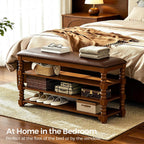 Homleke Solid Wood Shoe Storage Bench with Cushion,Classic Turned Ball Legs | 3-Tier Tall Entryway Bench with Leather Seat, Holds Up to 12 Pairs, for Hallway and Bedroom, Walnut, 39.4 Inch