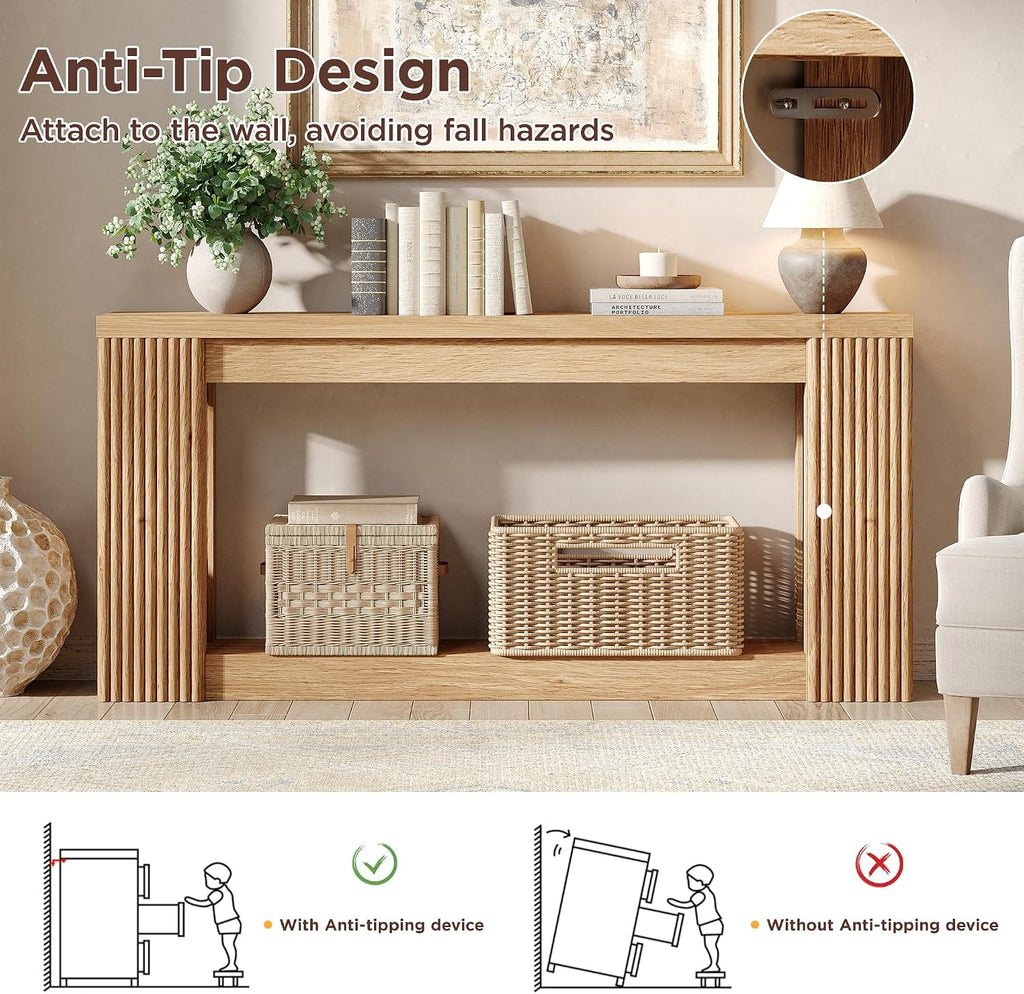 Maupvit Fluted Wooden Console Table with 2 Storage, 71 Inches Rectangular Entryway Table Behind The Couch, Farmhouse Boho Sofa Table for Entrance, Hallway, Living Room (Natural)