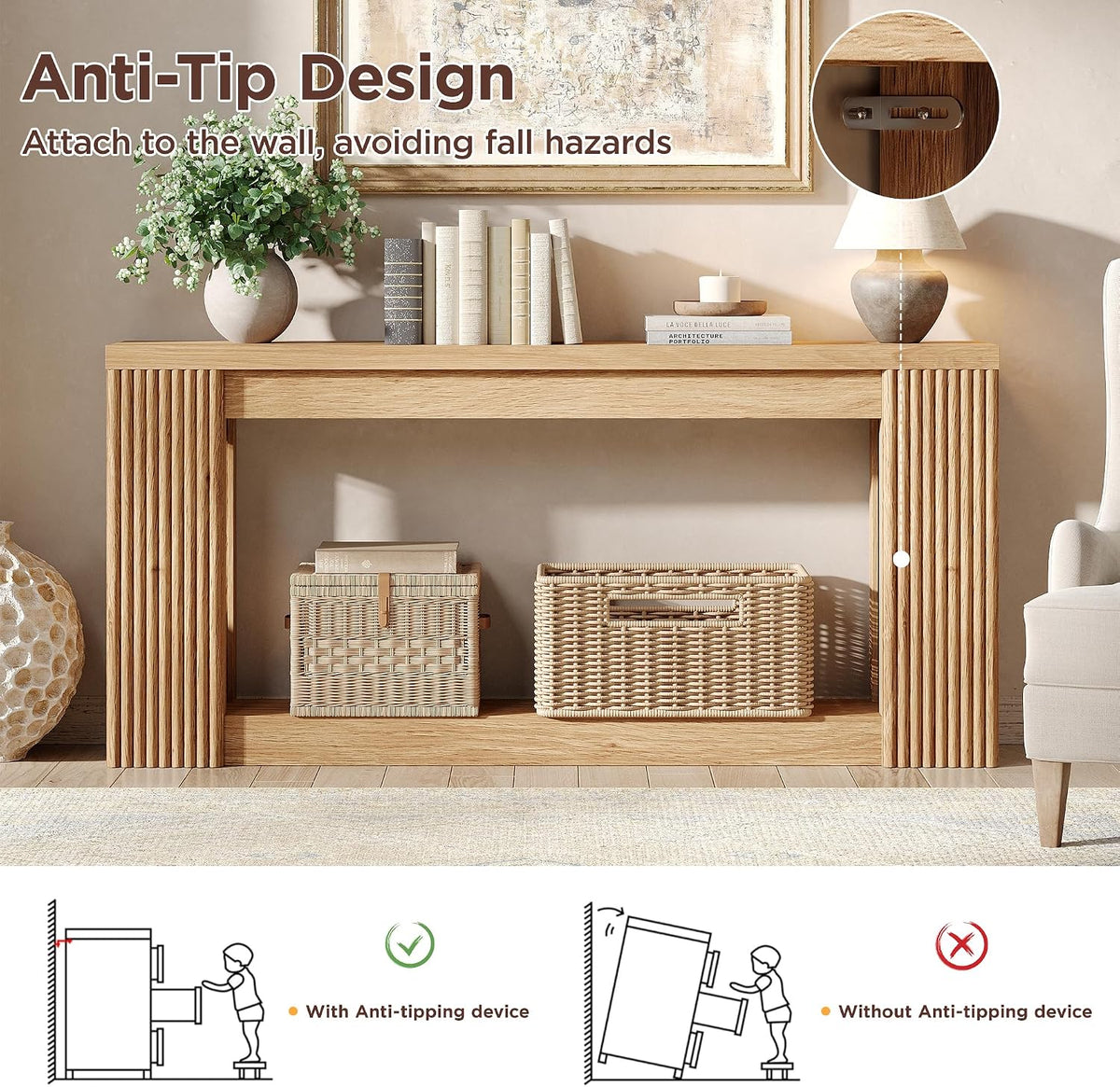 Maupvit Fluted Wooden Console Table with 2 Storage, 71 Inches Rectangular Entryway Table Behind The Couch, Farmhouse Boho Sofa Table for Entrance, Hallway, Living Room (Natural)