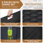 Yaheetech 9-Piece Patio Dining Sets, Outdoor Space Saving Rattan Chairs with Glass Table, Wicker Sectional Conversation Furniture Set with Removeable Cushions, Black/Beige