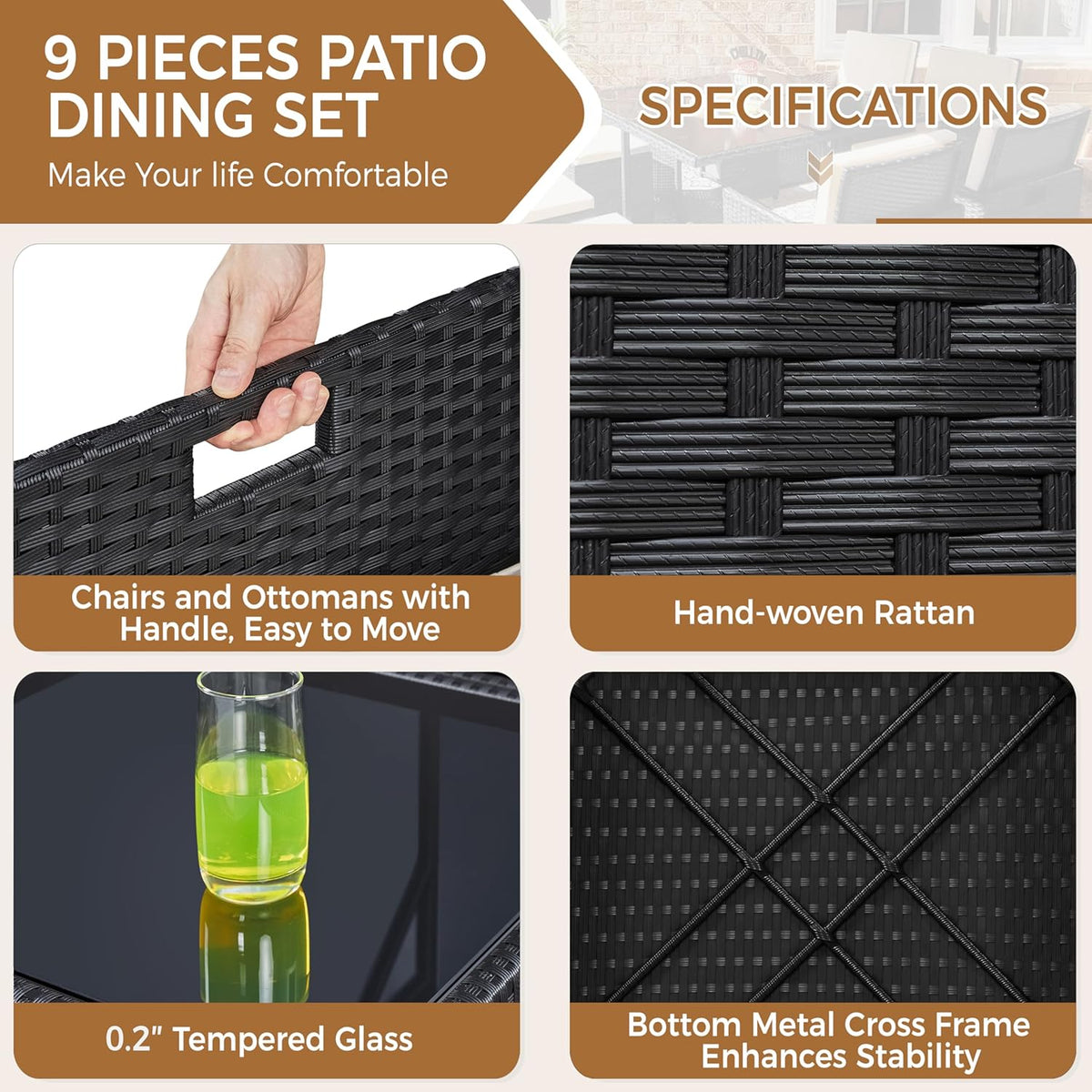 Yaheetech 9-Piece Patio Dining Sets, Outdoor Space Saving Rattan Chairs with Glass Table, Wicker Sectional Conversation Furniture Set with Removeable Cushions, Black/Beige