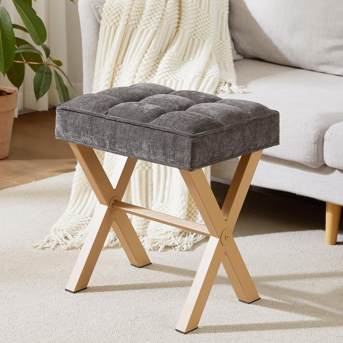 Royal Windsor Vanity Stool,Small Makeup Chair with Metal X Legs | Square Foot Stool,Modern Vanity Chair,Upholstered Vanity Seat for Entryway,Bedroom and Living Room,Dark Grey+Yellow