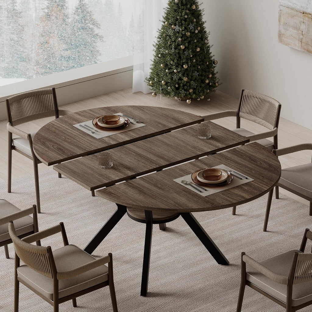 MECHYIN 42"-58" Extendable Round Dining Table for 4-6,with Storage Shelf | Space‑Saving Modern Oval Dining Table, Built‑in Flip Leaf, Sturdy Metal Legs, for Kitchen & Dining Room,Small Apartments