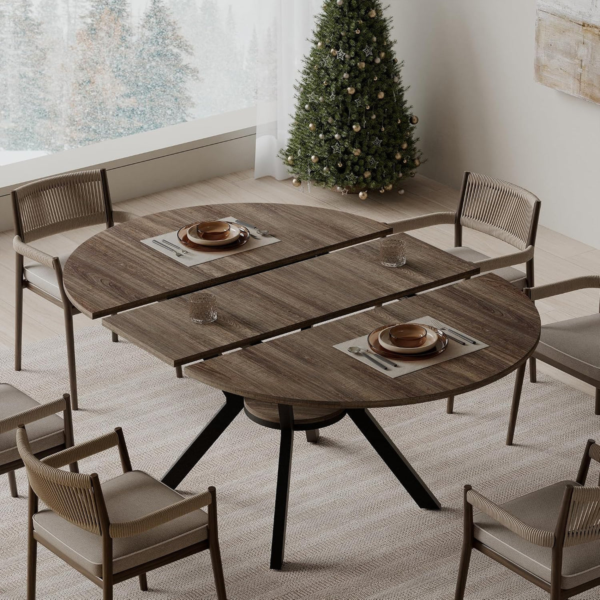 MECHYIN 42"-58" Extendable Round Dining Table for 4-6,with Storage Shelf | Space‑Saving Modern Oval Dining Table, Built‑in Flip Leaf, Sturdy Metal Legs, for Kitchen & Dining Room,Small Apartments