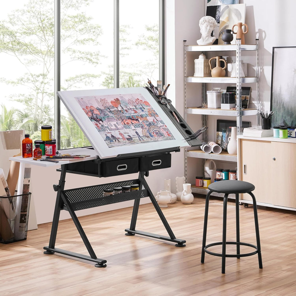 Yaheetech Adjustable Drafting Table Art Desk,Storage Drawers & Stool,White | MDF tabletop tilts 0-60° on a metal frame for drawing, crafts, and homework, with two supply drawers and a matching stool.