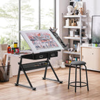 Yaheetech Adjustable Drafting Table Art Desk,Storage Drawers & Stool,White | MDF tabletop tilts 0-60° on a metal frame for drawing, crafts, and homework, with two supply drawers and a matching stool.