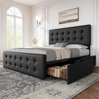 IDEALHOUSE Queen Size Bed Frame with 4 Storage Drawers and Headboard, Black