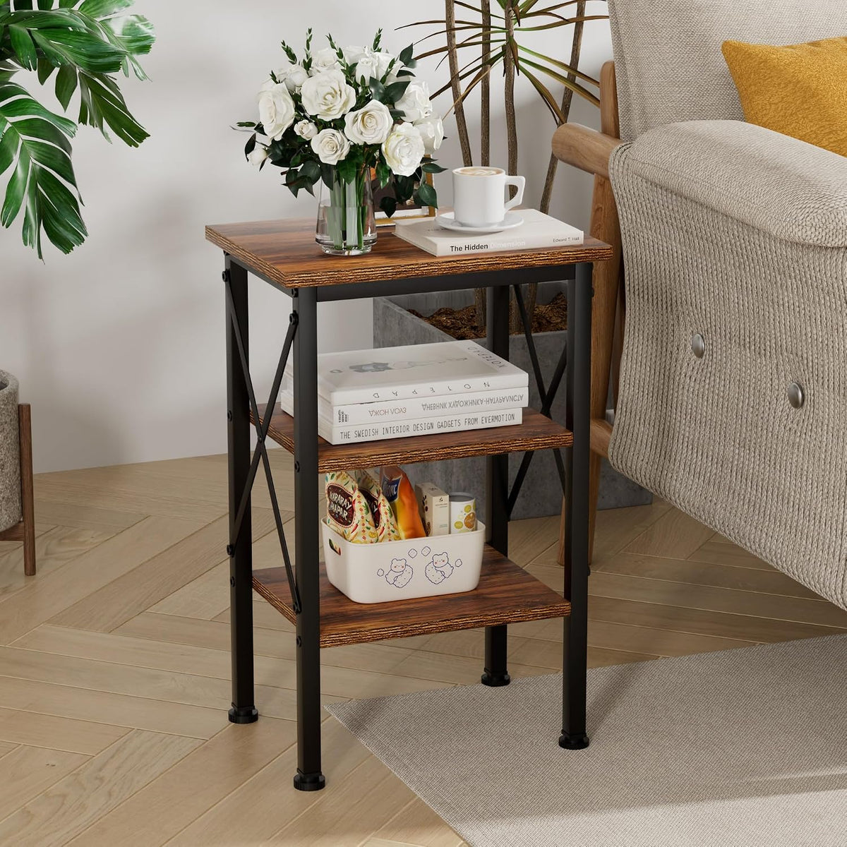 VECELO End Side Table Night Stand,X-Design with Storage Shelf for Bedroom,Living Room,Brown