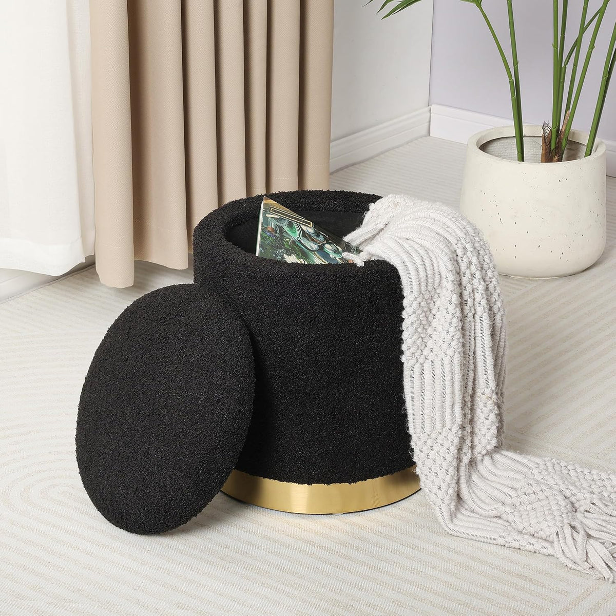 Joveco Boucle Round Ottoman with Storage,Vanity Stool with Storage for Bedroom, Ottoman Coffee Table,Small Boucle Foot Stool for Living Room, Black with Gold Plating