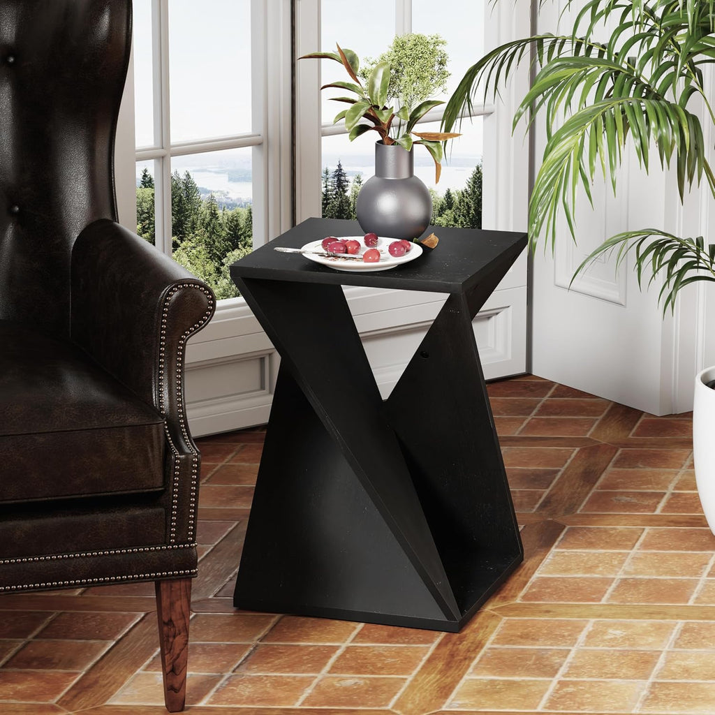 COZAYH Farmhouse End Table Square Solid Wood Pedestal Side Table Rustic Plant Stand with Twisted Design for Living Room, Bedroom, Office, Black