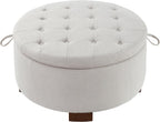 30'' Round Ottoman with Storage, Oversized Ottoman Coffee Table with Reversible Lid and Wooden Legs, Boucle Upholstered Tufted Footstool, Dual-Purpose Seat & Table for Living Room Bedroom, Beige