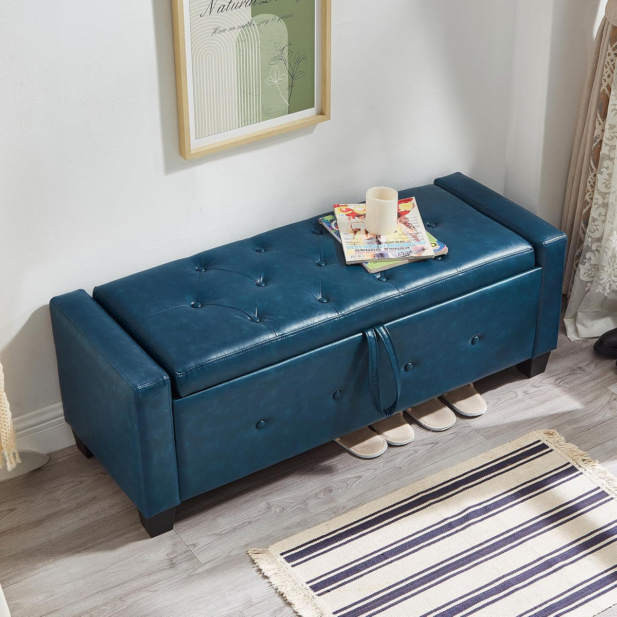 48" Storage Ottoman Bench, Upholstered Tufted Faux Leather End of Bed Bench with Flip Top Storage, Large Bedroom Bench for End of Bed, Entryway Shoe Bench, Living Room Ottoman, PU (Navy Blue)