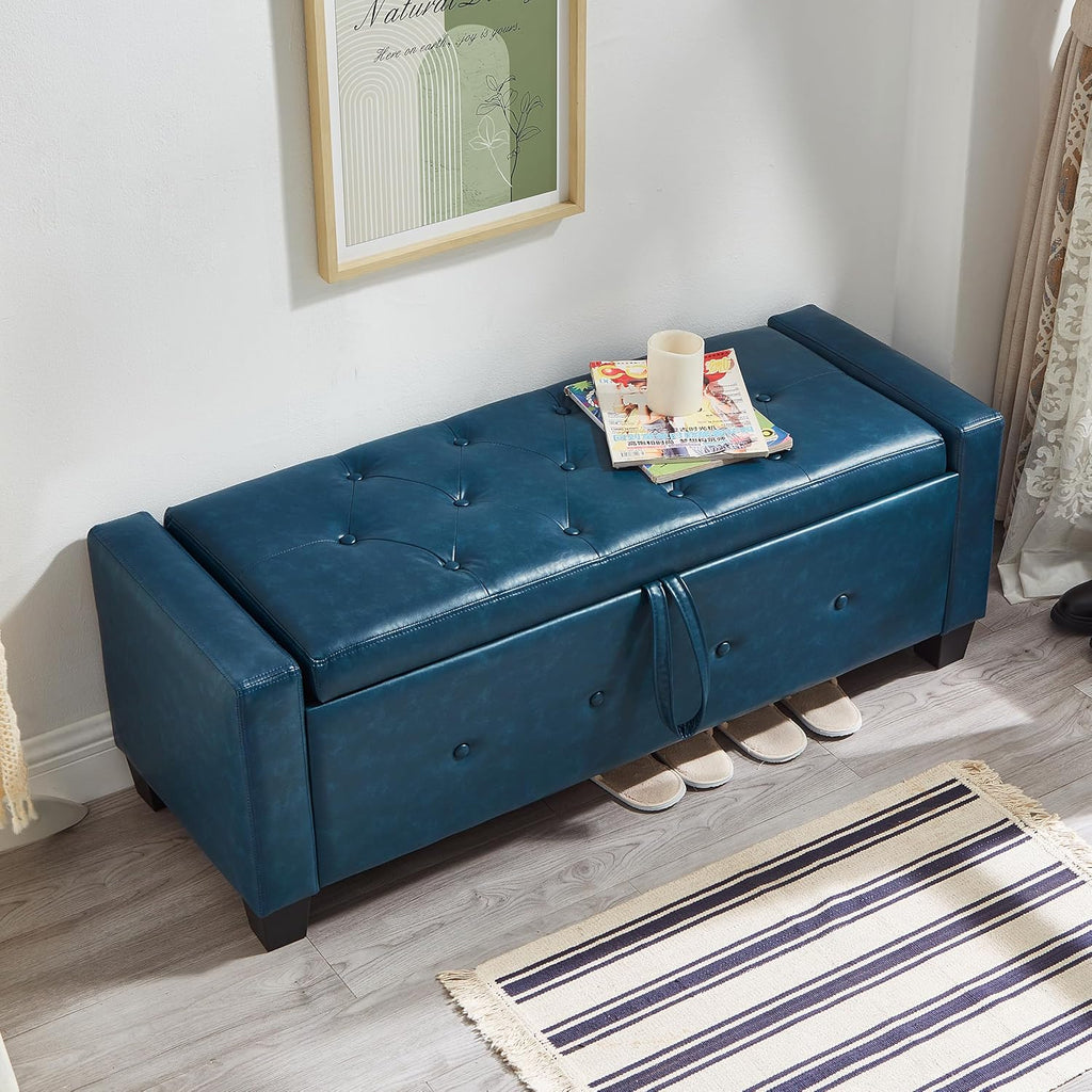 Betoko PU Leather Ottoman Bench with Storage,48" Mid Century Modern Storage Bed Bench for Bedroom,Button Tufted Ottoman Benches with Seating for Living Room,Entryway,Window (PU Blue)