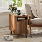 Huuger Narrow End Table with Charging Station, USB-C Port, Fluted Nightstand with Storage Cabinet, Back Rack, Farmhouse Side Table for Small Spaces, 13.4 × 23.6 Inch Night Stand, Walnut