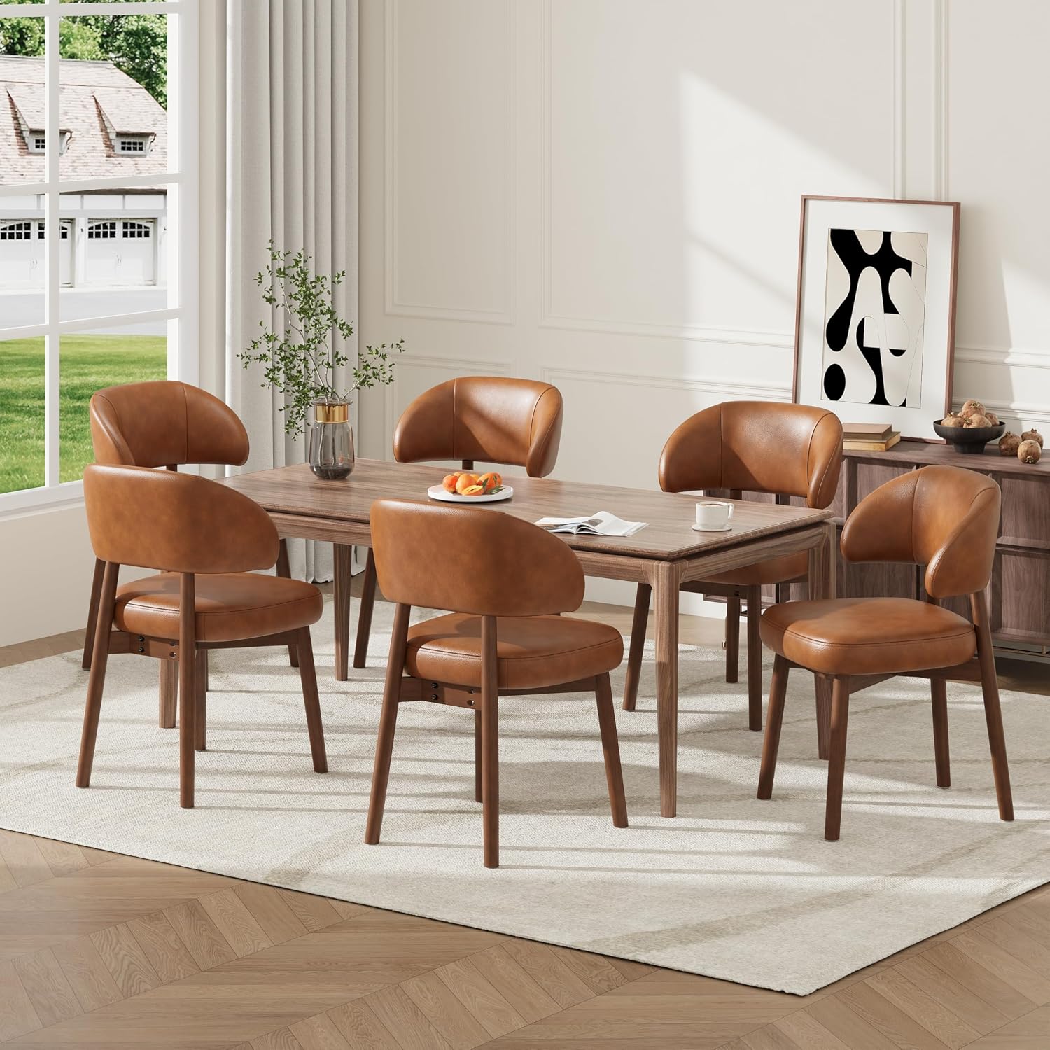 MALOL Wooden Dining Chairs Set of 2, Modern Upholstered Dining Room Chair, PU Leather Kitchen Side Chairs with Curved Open Back for Living Room/Restaurant/Cafe, Brown
