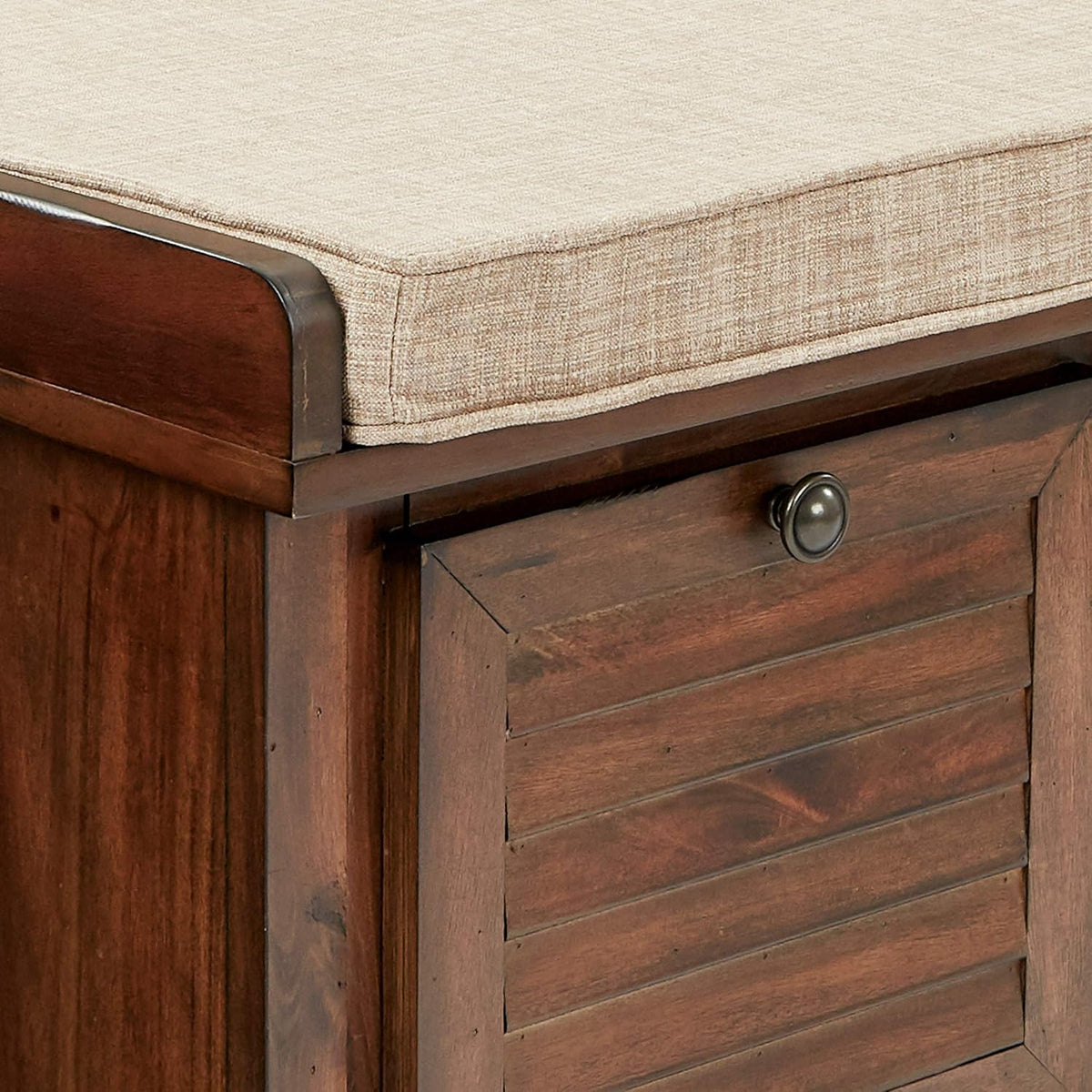 OSP Home Furnishings Dover Coastal Lift-Top Storage Bench with Shutter Face Styling, Distressed Brown Finish with Beige Linen Fabric Cushion