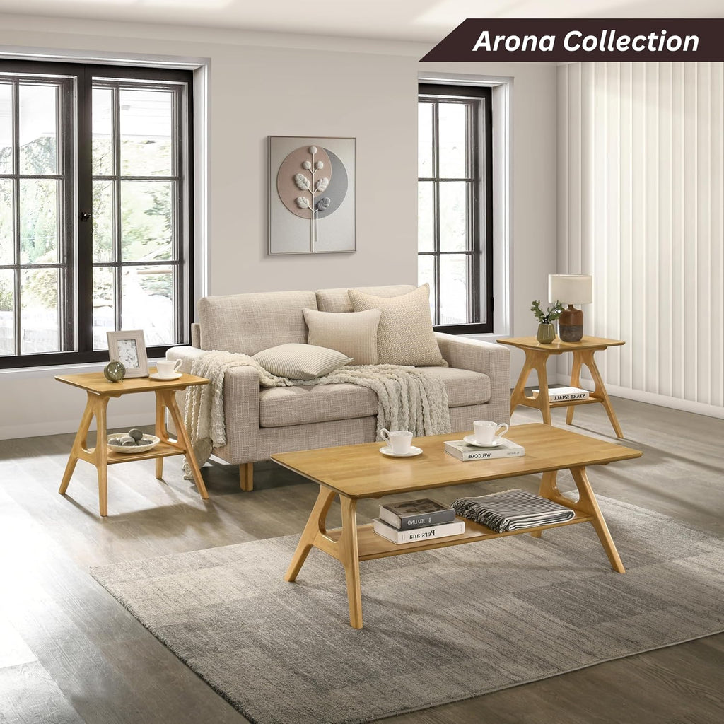 Roundhill Furniture Arona Mid-Century Modern Wood Shelf End Table, Natural Oak Finish