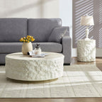 Round Side Table End Table for Living Room, Modern Contemporary Faux Stone Style Fiberglass Material, No Assembly (Beige, ø15.7'' x 17.7'')