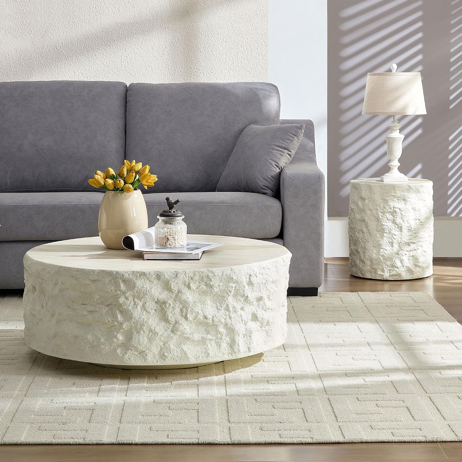 Round Side Table End Table for Living Room, Modern Contemporary Faux Stone Style Fiberglass Material, No Assembly (Beige, ø15.7'' x 17.7'')