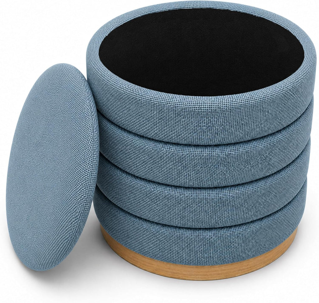 Linen Storage Ottoman Round Footrest with Hidden Storage, Light Blue 16" L X16 W X 17" H