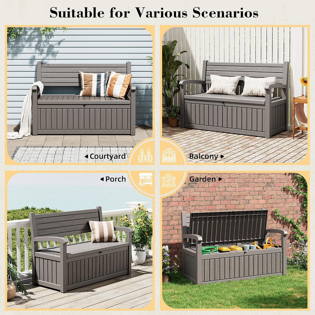 80 Gallon Outdoor Storage Box,Resin Stripes Deck Box Doubles as 2-Person Bench Seat,Waterproof Storage Outdoor Porch Bench for Cushions,Garden Tools and Pool Supplies Grey