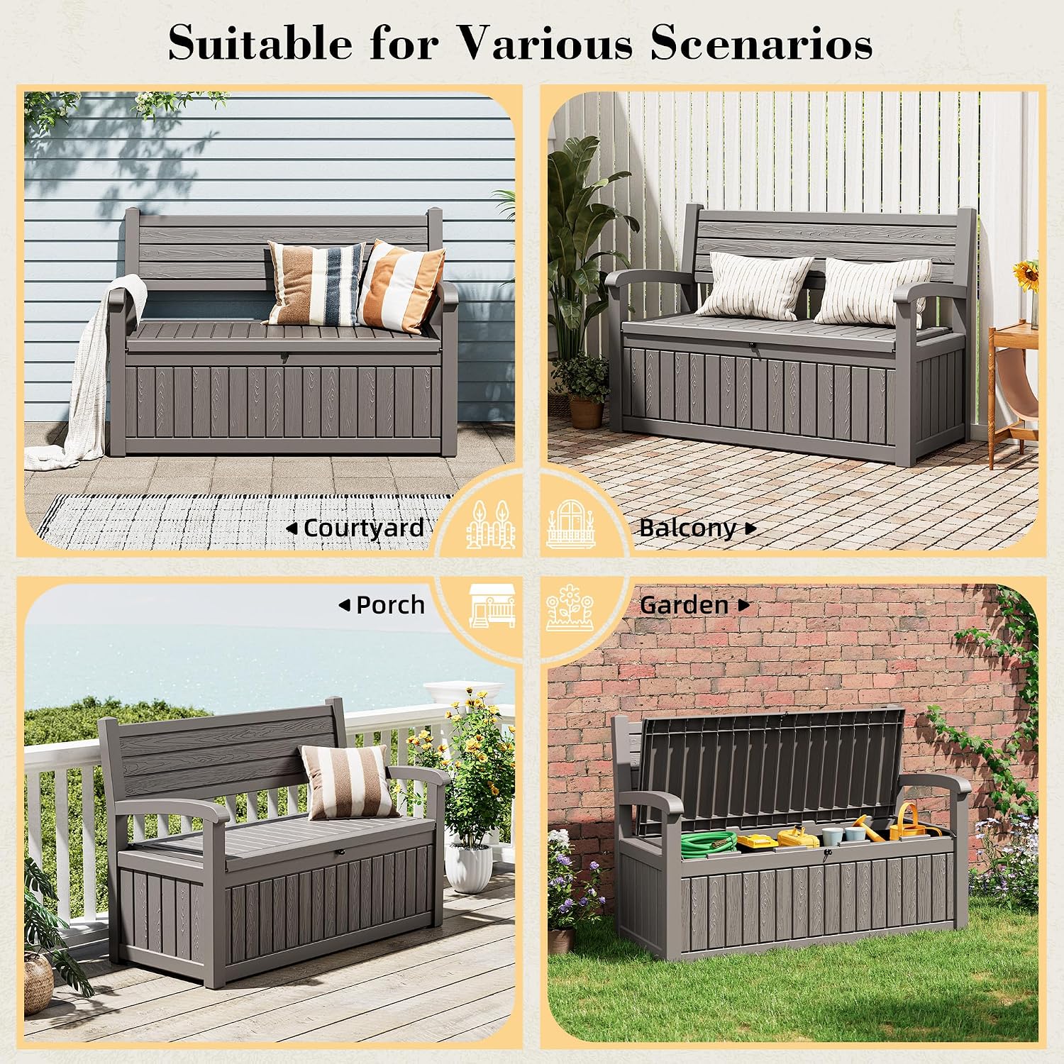 80 Gallon Outdoor Storage Box,Resin Stripes Deck Box Doubles as 2-Person Bench Seat,Waterproof Storage Outdoor Porch Bench for Cushions,Garden Tools and Pool Supplies Grey