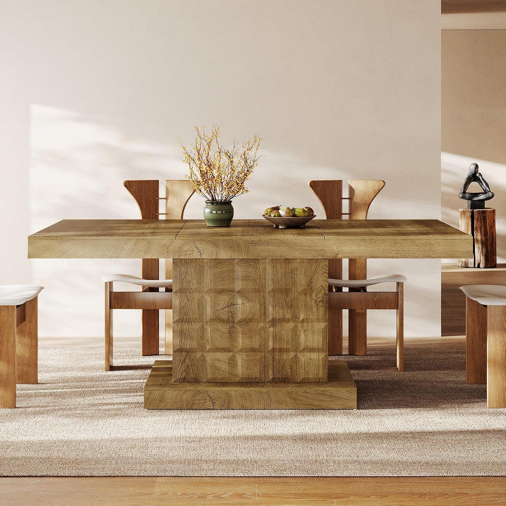 Tribesigns 63'' Dining Table for 4-6, Farmhouse Wooden Rectangular Dinner Table with Geometric Relief, Pedestal Base (Natural Brown)