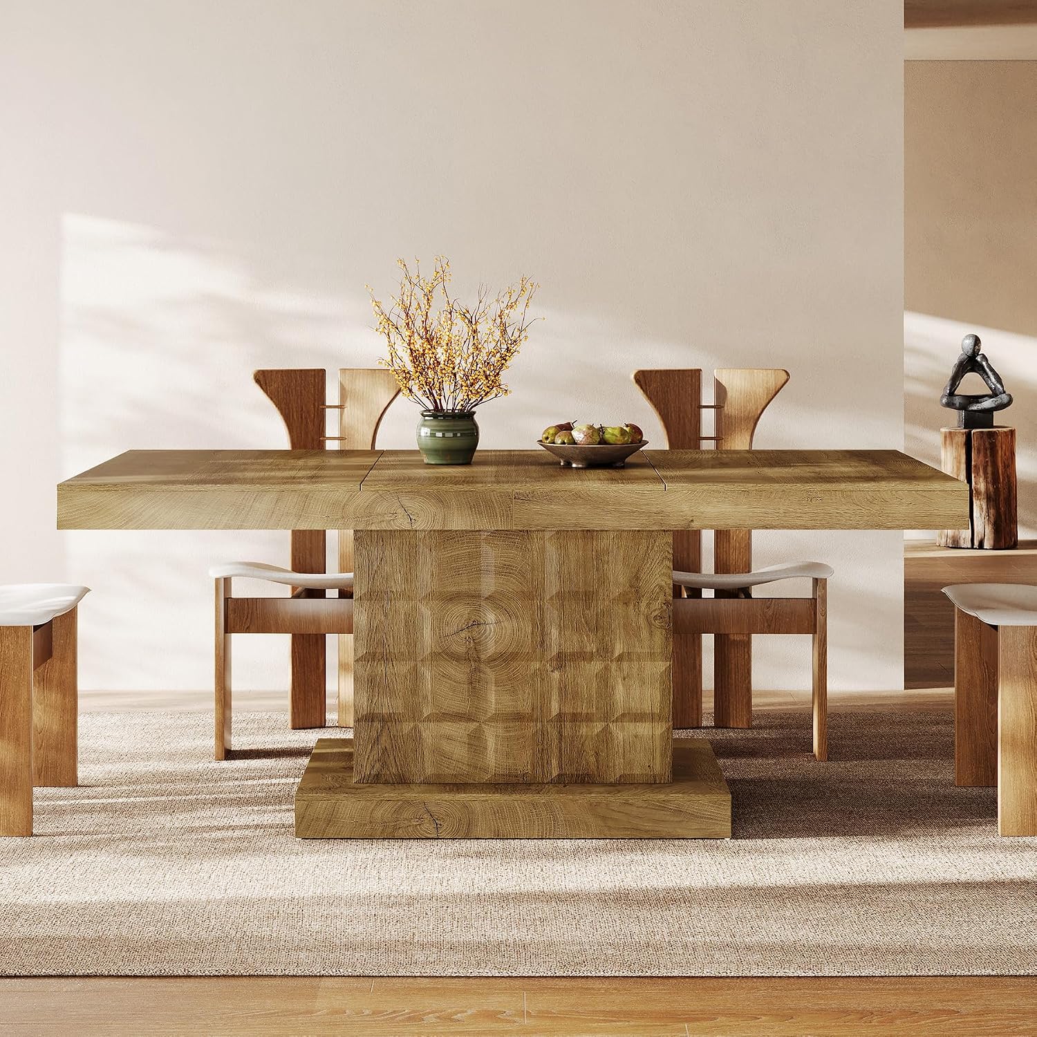 Tribesigns 63'' Dining Table for 4-6, Farmhouse Wooden Rectangular Dinner Table with Geometric Relief, Pedestal Base (Natural Brown)