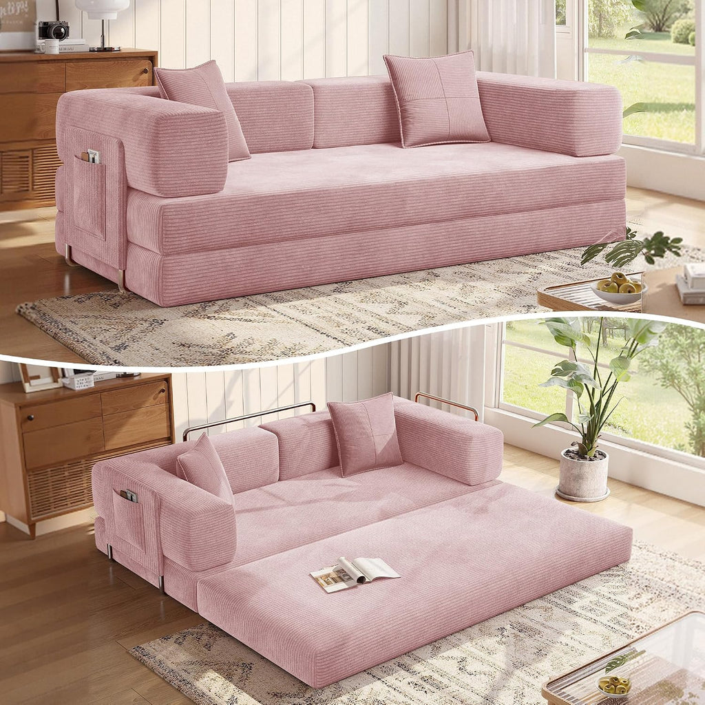 MoonSpeak 78.8'' Futon Sofa Bed, Couches for Living Room | Corduroy Convertible Futon Sofa Bed with Storage Pocket, Modular Sleeper Couch in a Box, No Assembly (Pink)