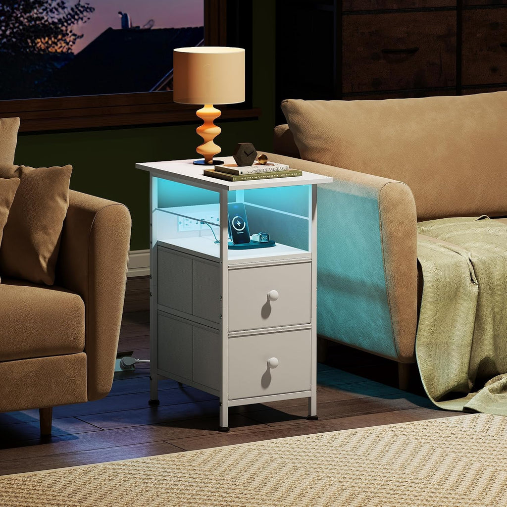 WLIVE Nightstand Set of 2 with Charging Station, End Table Sets with LED Lights, 2 Fabric Drawers and Open Shelf, Bed Side Tables Living Room, Small Space, Night Stand for Bedroom，White