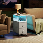 WLIVE Nightstand Set of 2 with Charging Station, End Table Sets with LED Lights, 2 Fabric Drawers and Open Shelf, Bed Side Tables Living Room, Small Space, Night Stand for Bedroom，White