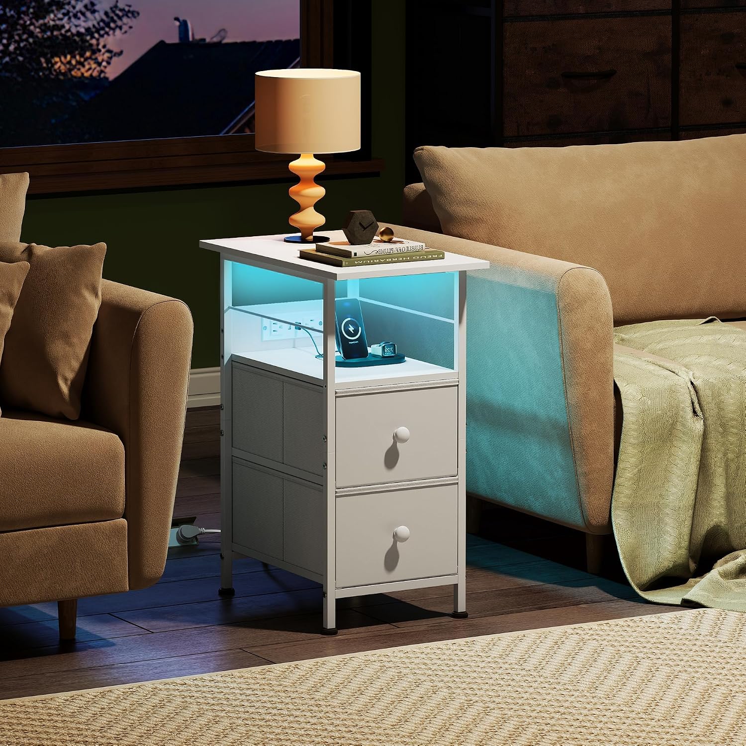 WLIVE Nightstand Set of 2 with Charging Station, End Table Sets with LED Lights, 2 Fabric Drawers and Open Shelf, Bed Side Tables Living Room, Small Space, Night Stand for Bedroom，White