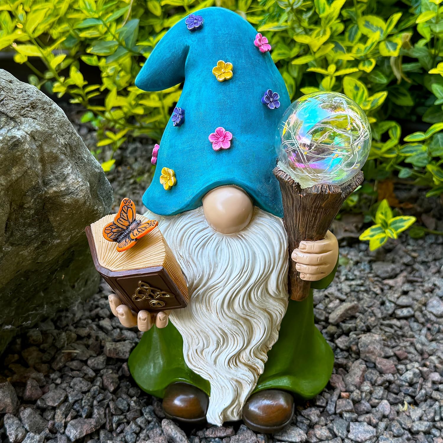 Garden Gnome - Solar Magician Gnome Figurine - 9.45 Inch Tall Decor Outdoor Lawn Statue with LED Lights