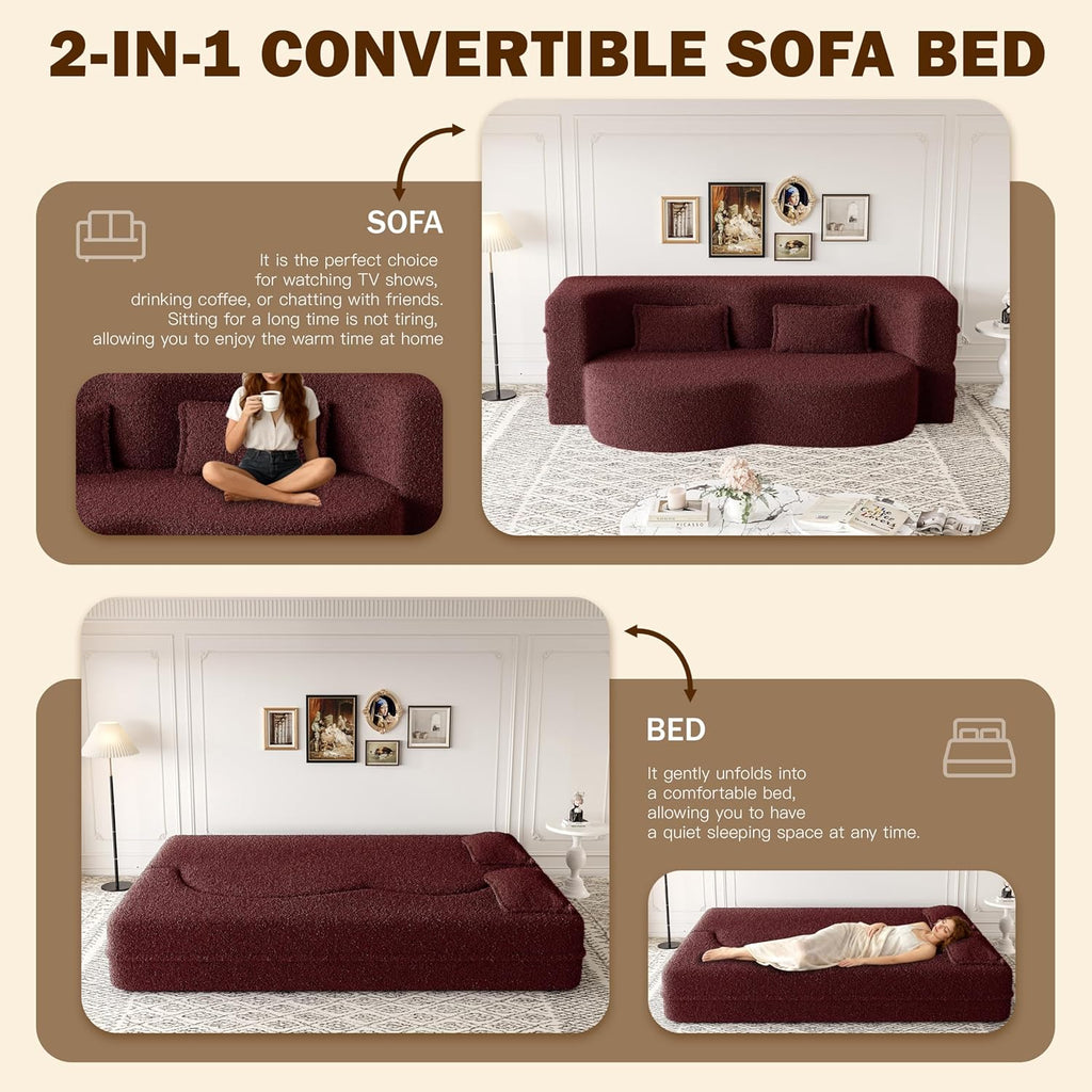 JOYBASE 78in Sofa Couch Convertible Oversized Cloud Loveseat Minimalist Sleeper Sofa Bed for Living Room, Apartment, Office, No Assembly Required (Wine Red)
