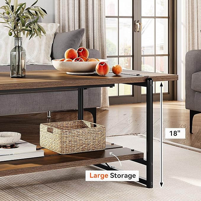 2-Tier Farmhouse 41'' Large Gray Wood Coffee Table with Storage Shelf -Modern Rustic Metal Rectangle Center Living Room Coffee Table Accent Furniture for Home Office,Easy Assembly(Walnut Brown)